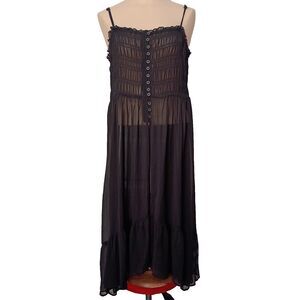 Torrid Chiffon Button Up Sleeveless Tunic 1X Black Smocked Sheer Babydoll